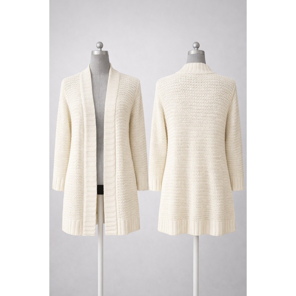 Talbots White Textured Knit Cardigan‎ Sweater Open Front XS Coastal Grandma Luxe